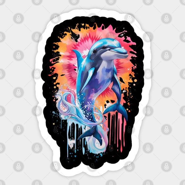 Harmony of Colors: McKenna's Tie-Dye Dolphin Serenade Sticker by Helen Morgan